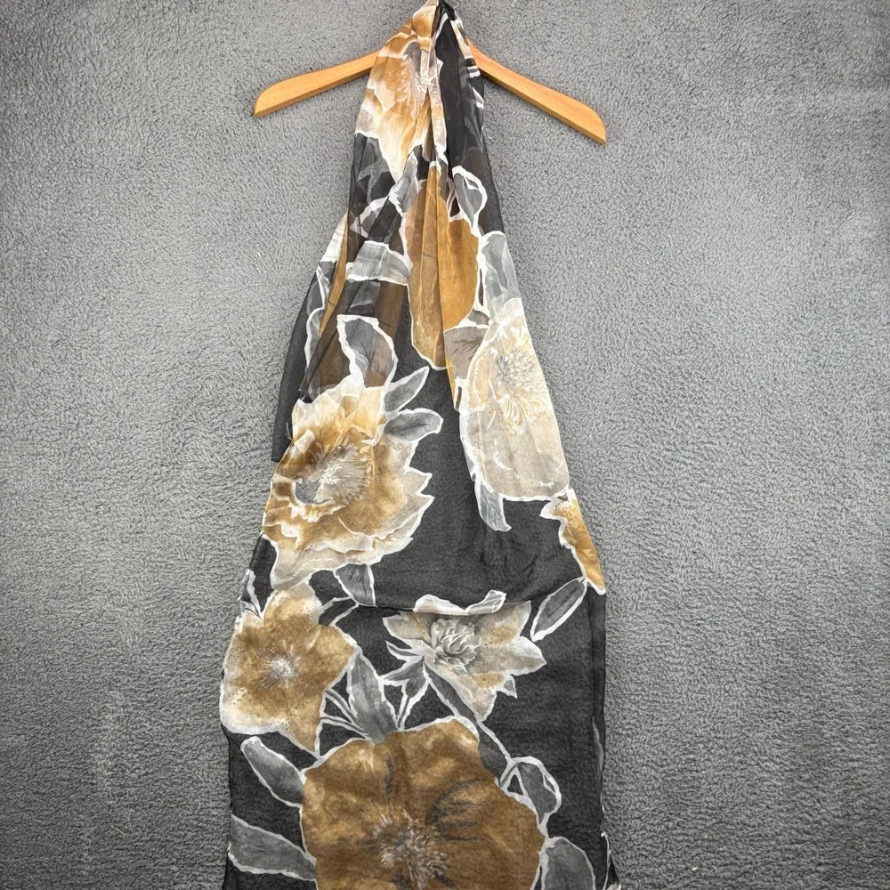 Unbranded‎ Women Floral Chiffon Scarf Brown Grey Black Sheer Botanical Wrap